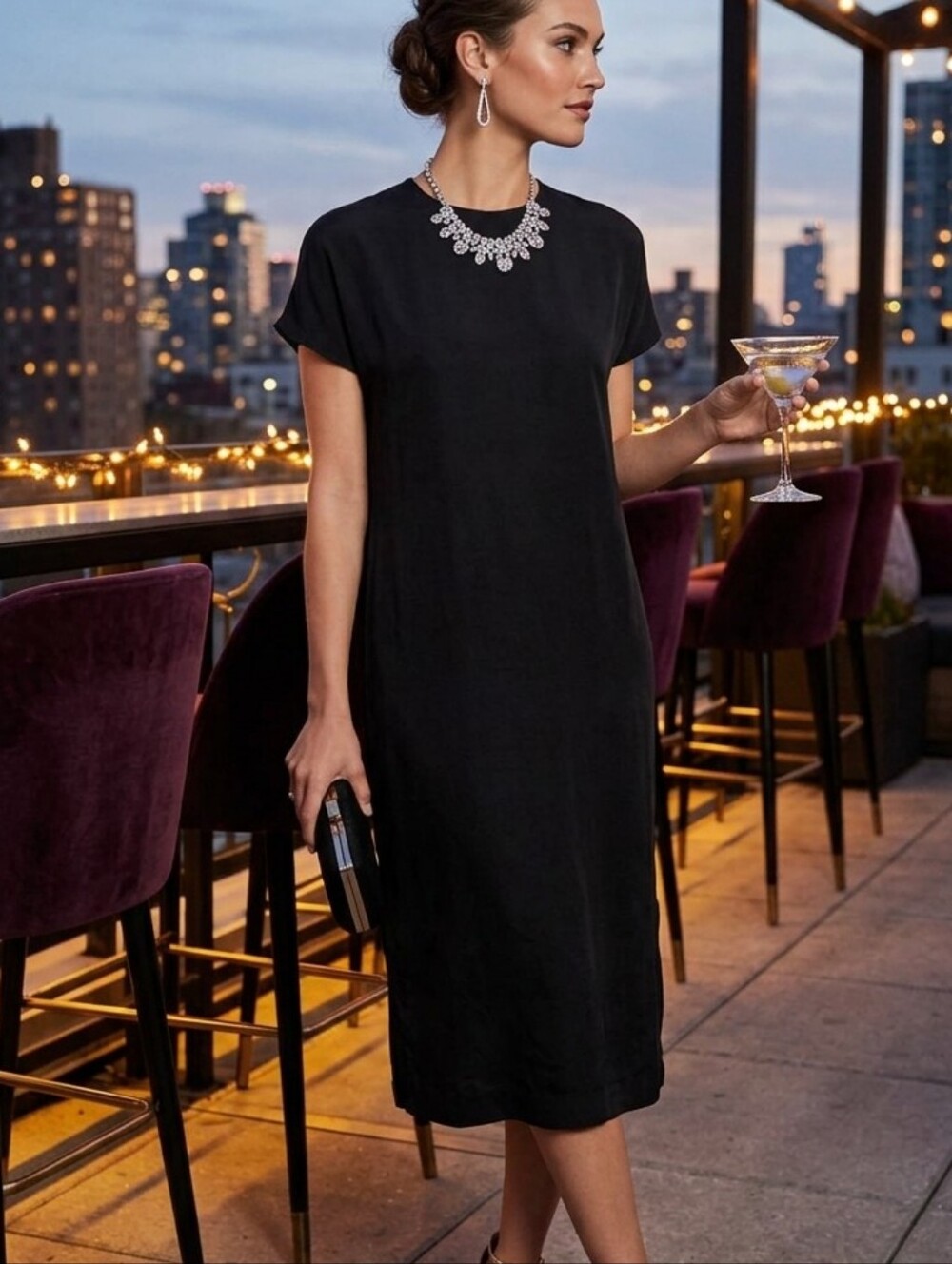 Argenti 100% Pure Silk Black Shift Dress 8 Vintage Midi